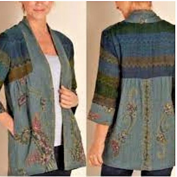 Soft Surroundings Green Izmir Wool Tapestry Embroidered Kimono Open Front XS - Picture 1 of 11